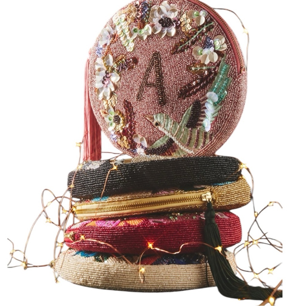 Anthropologie by Anna Harlow Russo Embellished Monogram 'M' Pouch Beaded Clutch - Picture 2 of 5